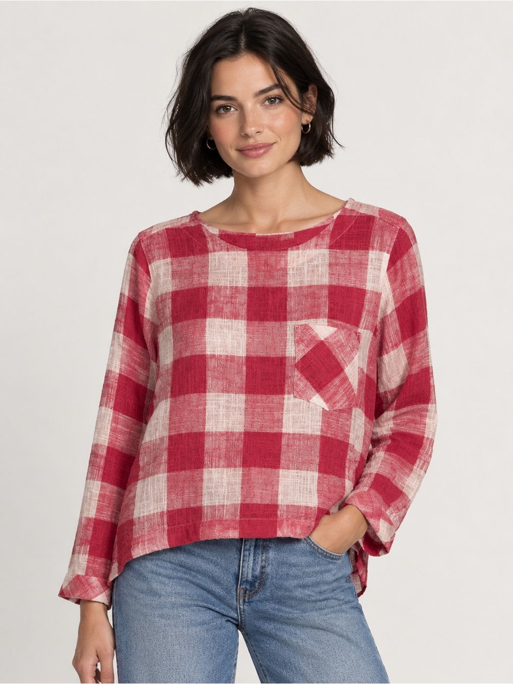 Anthropologie Cloth & Stone Women’s Pink Buffalo Check Cotton Linen Shirt S EUC